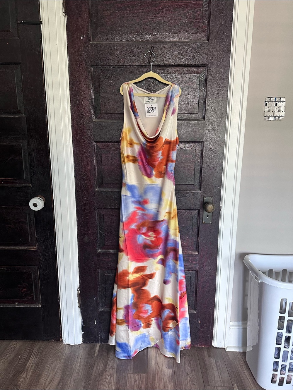 Paper Heart Multicolor Floral Satin Maxi Dress - Cowl Neck